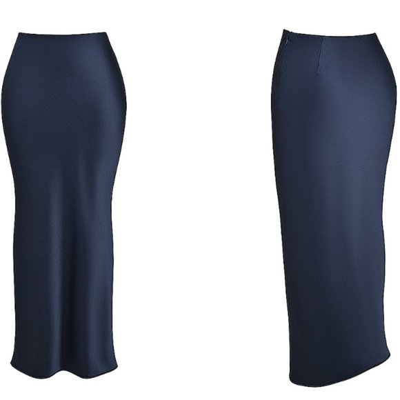 HOUSE OF CB 'Charlene' Navy Satin Bias Cut Maxi Skirt NWOT - Picture 5 of 8